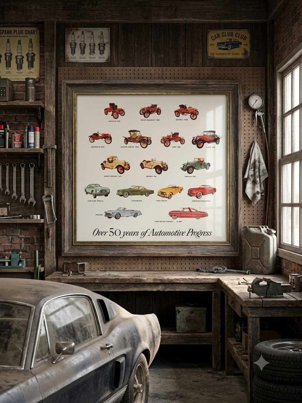 Automotive Progress Print - Vintage Cars Poster (Red, Green, Yellow)
